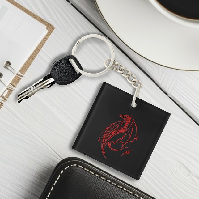Red Tribal Dragon Black QR code Key Ring (Creator Uploaded)
