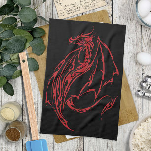 Red Tribal Dragon Black Tea Towel