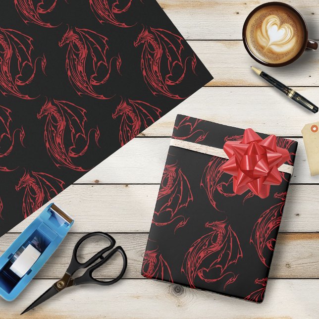 Red Tribal Dragon Black Wrapping Paper (Creator Uploaded)