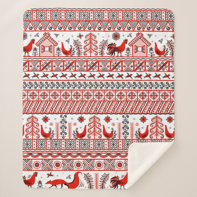 Red tribal ethnic seamless pattern sherpa blanket (Front)