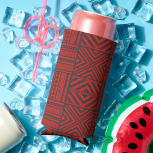 Red Tribal Pattern Art Seltzer Can Cooler