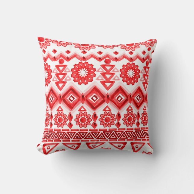 Red tribal, watercolor ethnic pattern. cushion (Front)