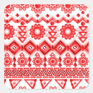 Red tribal, watercolor ethnic pattern. square sticker