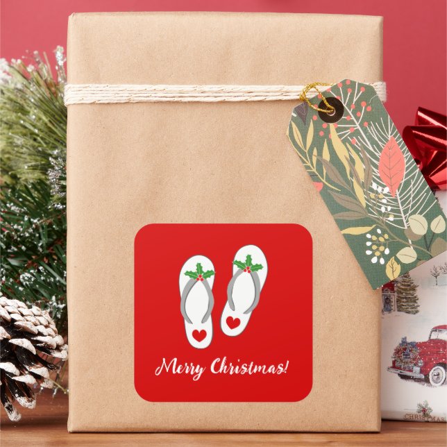 Red tropical Christmas holly leaf beach flip flops Square Sticker (Holiday)
