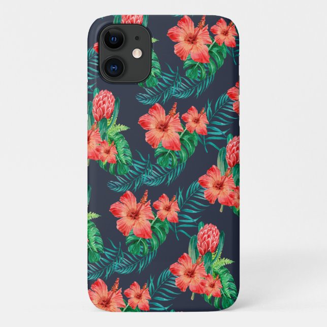 Red Tropical Floral on Navy Case-Mate iPhone Case (Back)