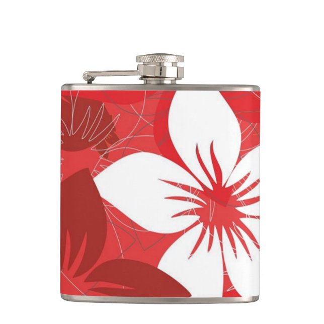 Red Tropical Flower Pattern Hip Flask (Front)