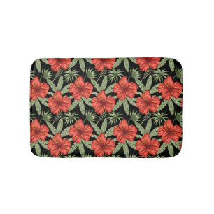 Red tropical flowers seamless pattern green leaves bath mat