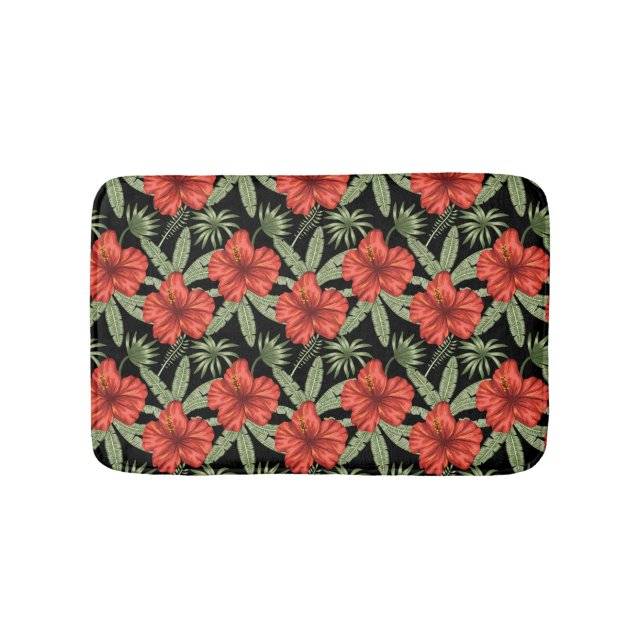 Red tropical flowers seamless pattern green leaves bath mat (Front)
