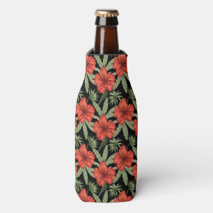 Red tropical flowers seamless pattern green leaves bottle cooler