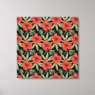 Red tropical flowers seamless pattern green leaves canvas print