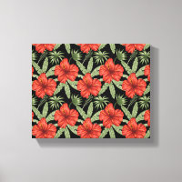 Red tropical flowers seamless pattern green leaves