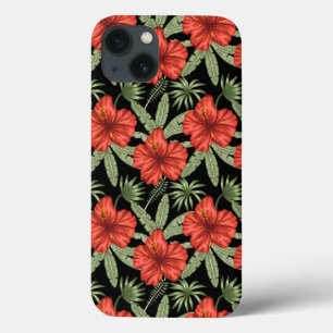 Red tropical flowers seamless pattern green leaves iPhone 13 case