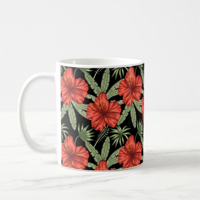 Red tropical flowers seamless pattern green leaves coffee mug (Left)