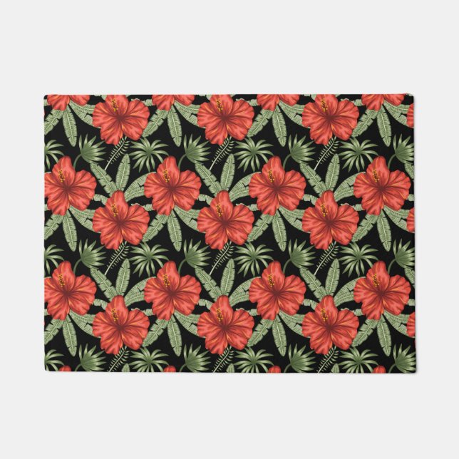 Red tropical flowers seamless pattern green leaves doormat (Front)