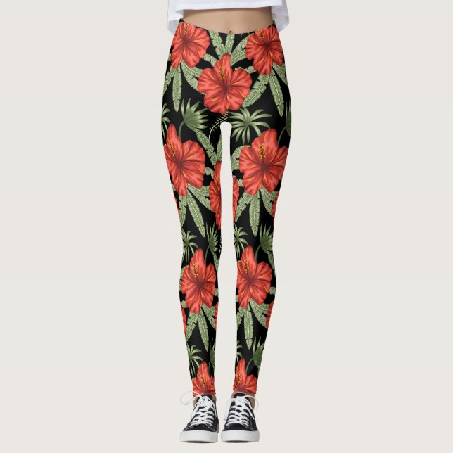 Red tropical flowers seamless pattern green leaves leggings (Front)