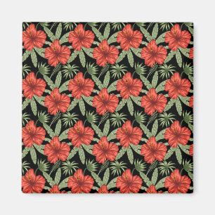 Red tropical flowers seamless pattern green leaves magnet