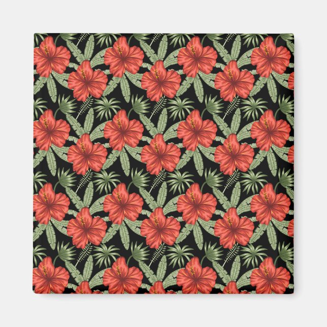 Red tropical flowers seamless pattern green leaves magnet (Front)