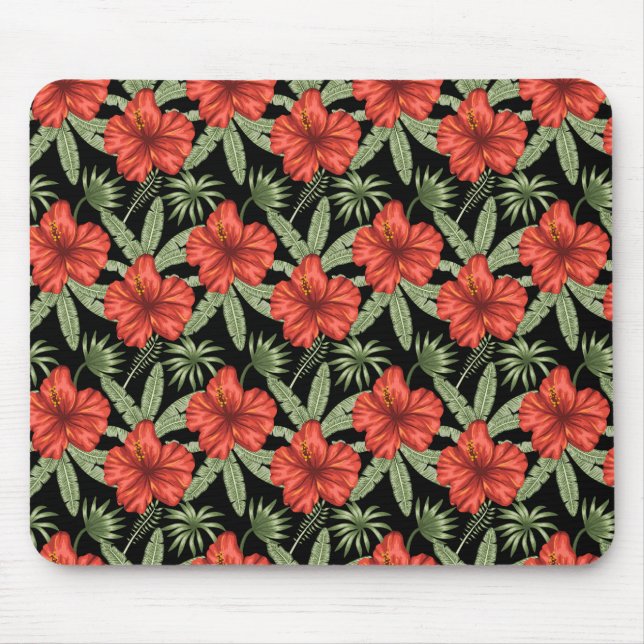 Red tropical flowers seamless pattern green leaves mouse pad (Front)