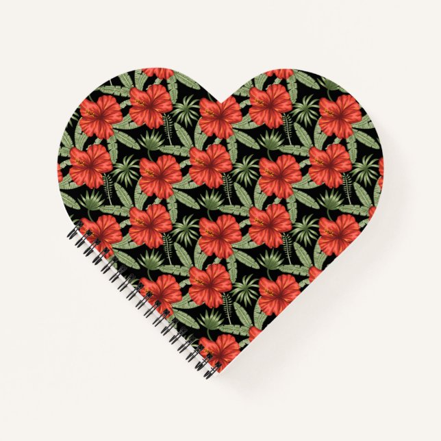 Red tropical flowers seamless pattern green leaves notebook (Front)