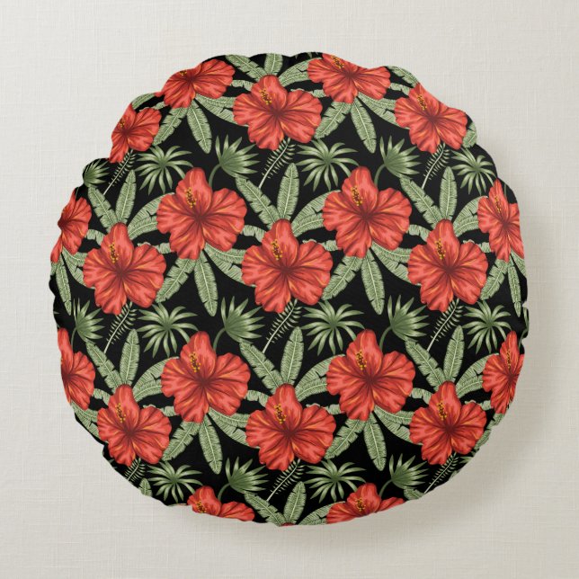 Red tropical flowers seamless pattern green leaves round cushion (Front)