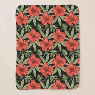 Red tropical flowers seamless pattern green leaves sherpa blanket