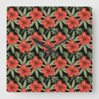 Red tropical flowers seamless pattern green leaves