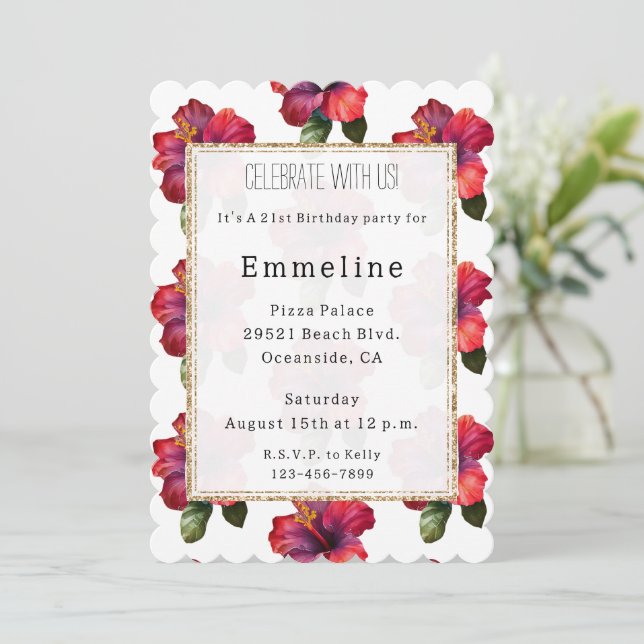 Red Tropical Hibiscus Floral Gold Glitter Birthday Invitation (Standing Front)