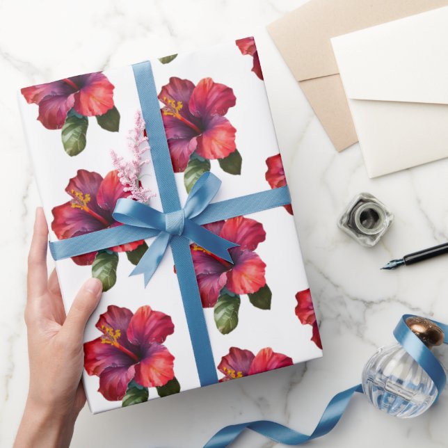 Red Tropical Hibiscus Floral Wedding Wrapping Paper (Gifting)