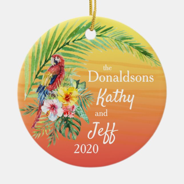 Red Tropical Parrot Palm Leaf Flowers Names Photo Ceramic Tree Decoration (Front)