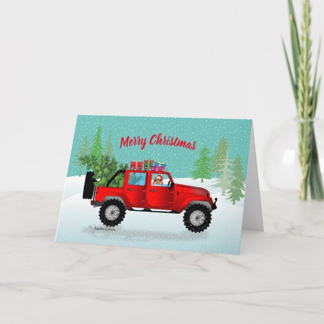 Red Truck 4x4 with Sable Sheltie, in Snow Holiday Card (Front)