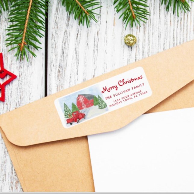 Red truck and barn Christmas return label (Creator Uploaded)