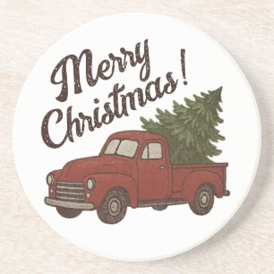 Red truck and Christmas tree cozy Holiday drink Coaster