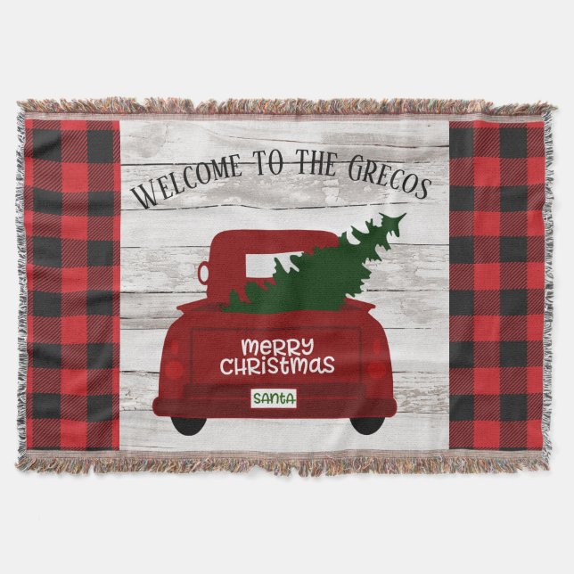 Red Truck and Tree Buffalo Plaid Name Christmas  Throw Blanket (Front)