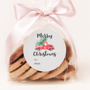 Red Truck and Tree Christmas Gift Name Classic Round Sticker