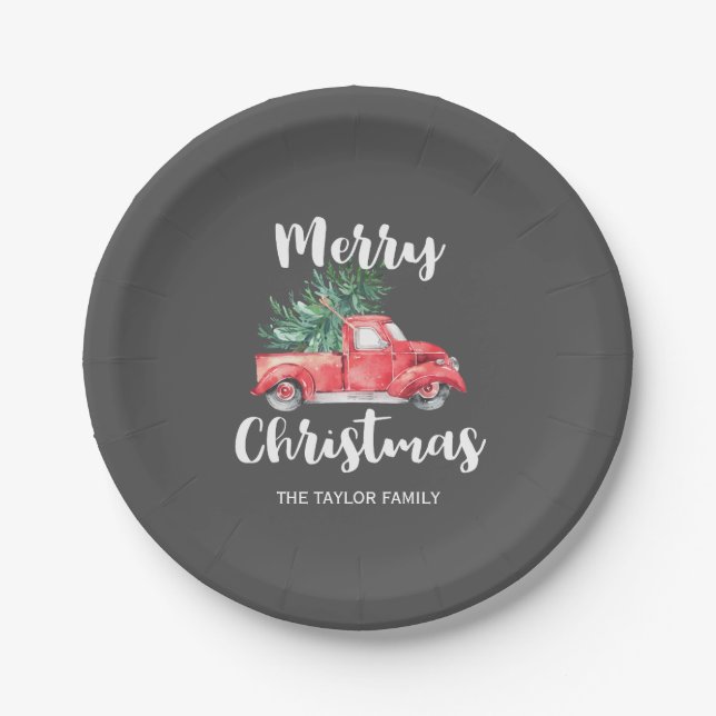 Red Truck and Tree | Grey Merry Christmas Party Paper Plate (Front)