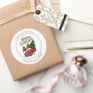  Red Truck and Tree & Happy Snowman  Classic Round Sticker