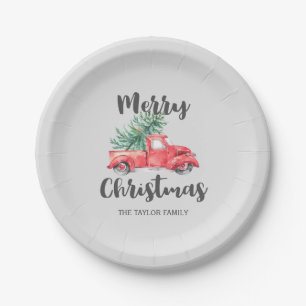 Red Truck and Tree Merry Christmas Party Paper Plate
