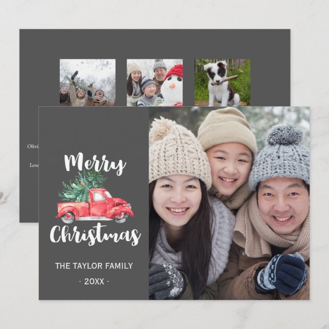 Red Truck and Tree Year In Review Christmas Photo Holiday Card (Front/Back)