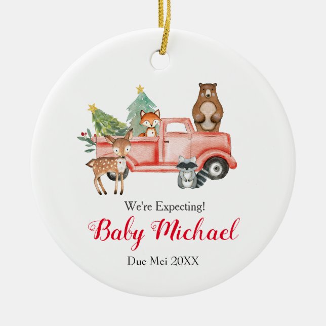 Red Truck Animal We're Expecting Parents  Ceramic Tree Decoration (Front)