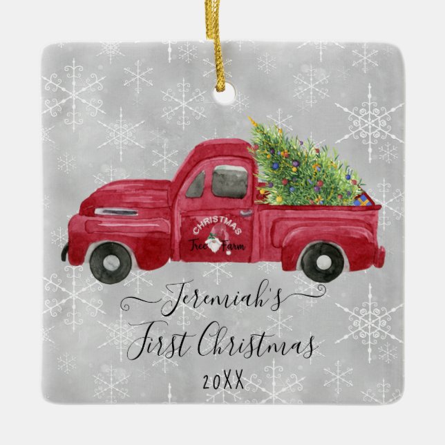 Red Truck Baby First 1st Christmas Tree Name Photo Ceramic Ornament (Front)