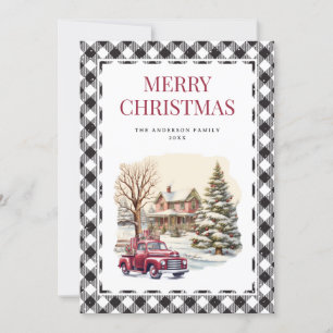 Red Truck Black White Plaid Merry Christmas Card