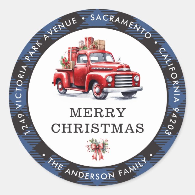 Red Truck Blue Plaid Return Address Labels (Front)