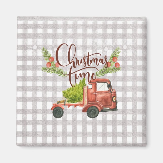 Red Truck Buffalo Check Christmas Magnet (Front)