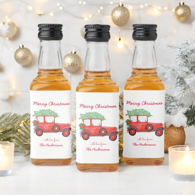 Red Truck Christmas Green Tree Holiday    Liquor Bottle Label (Creator Uploaded)