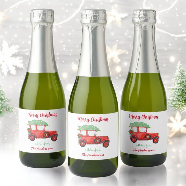 Red Truck Christmas Green Tree Holiday     Sparkling Wine Label (Creator Uploaded)