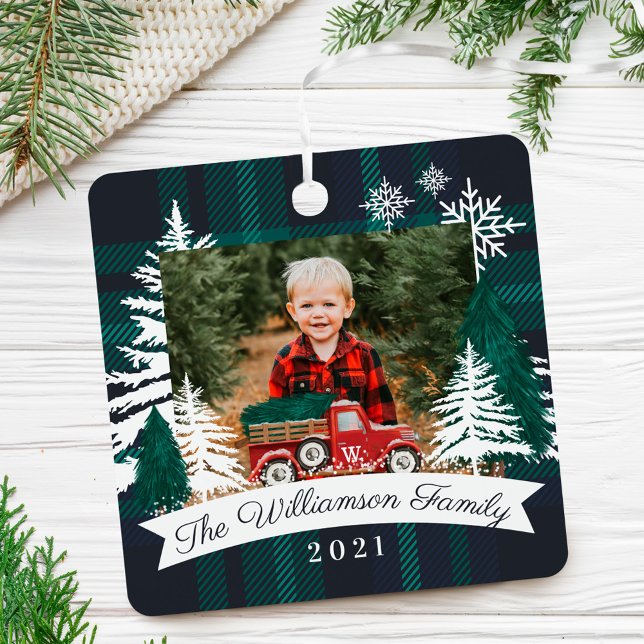 Red Truck Christmas Tree Delivery Navy Plaid Photo Metal Tree Decoration (Red Truck Christmas Tree Delivery Navy Plaid Photo Metal Ornament)