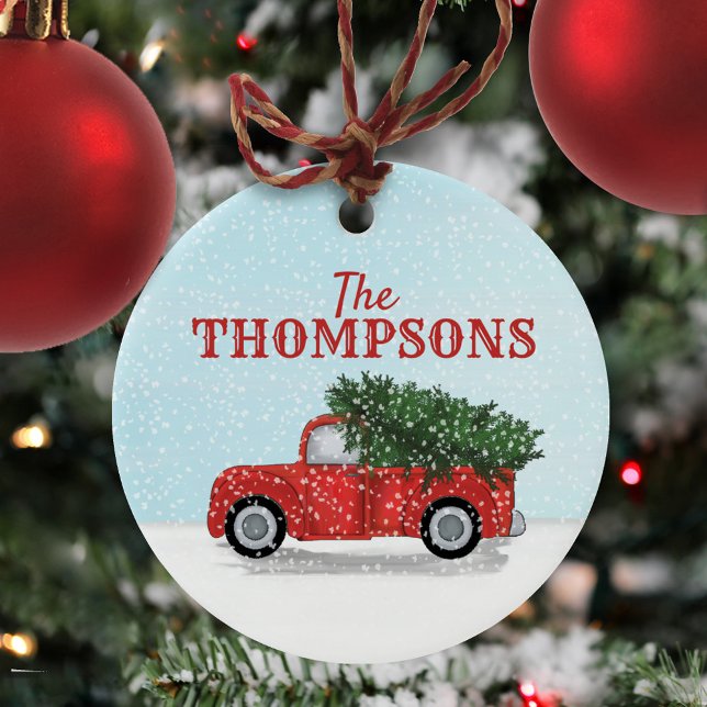 Red Truck Christmas Tree in Snow Cute Personalized Ceramic Tree Decoration (Christmas classic vintage red truck with falling snow simple circle ceramic ornament. )