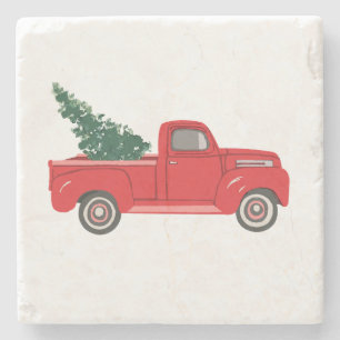 Red Truck Christmas Tree Marble Stone Coaster