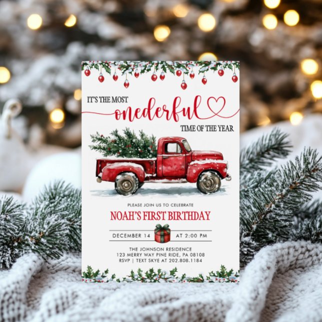 Red Truck Christmas Tree Onederful 1st Birthday Invitation (Creator Uploaded)