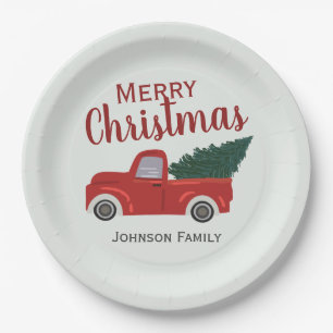 Red truck Christmas tree personalise Paper Plate